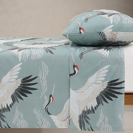 White Naped Crane Printed Bedsheet Set