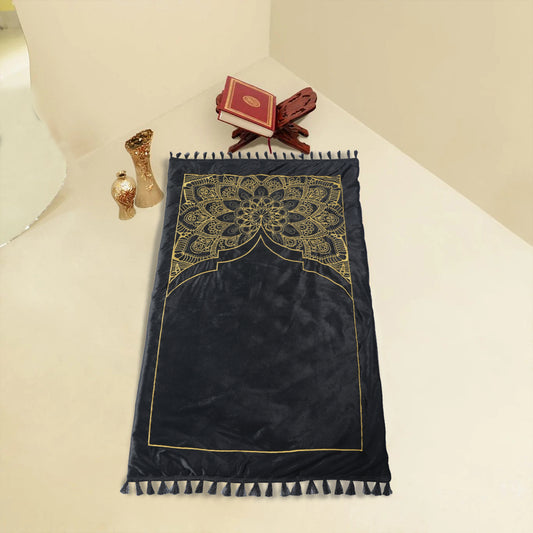 Premium Velvet Embroidered Prayer Mat - Black