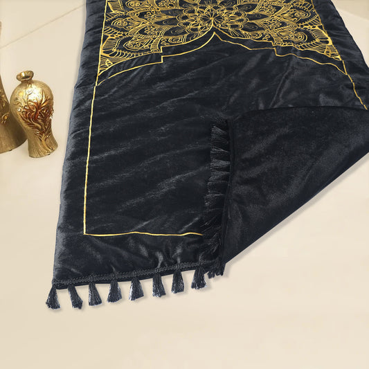 Premium Velvet Embroidered Prayer Mat - Black