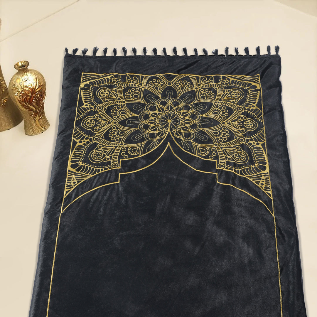 Premium Velvet Embroidered Prayer Mat - Black