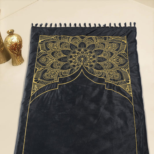 Premium Velvet Embroidered Prayer Mat - Black