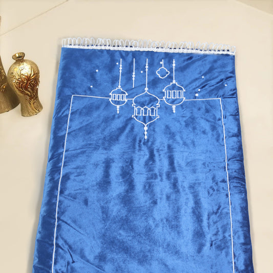 Premium Velvet Embroidered Prayer Mat - Blue