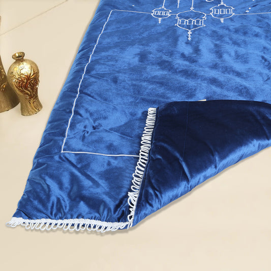 Premium Velvet Embroidered Prayer Mat - Blue