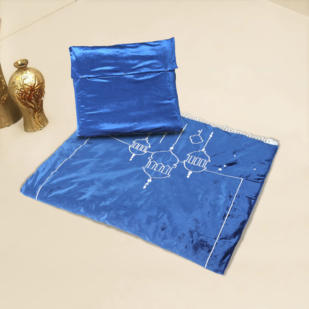 Premium Velvet Embroidered Prayer Mat - Blue