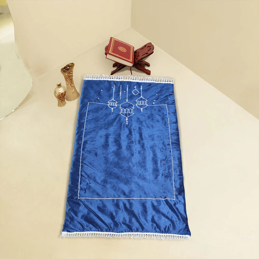 Premium Velvet Embroidered Prayer Mat - Blue